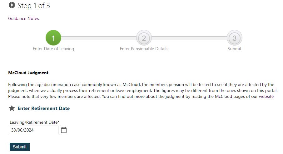 The employerHub retirement quote, enter date of leaving